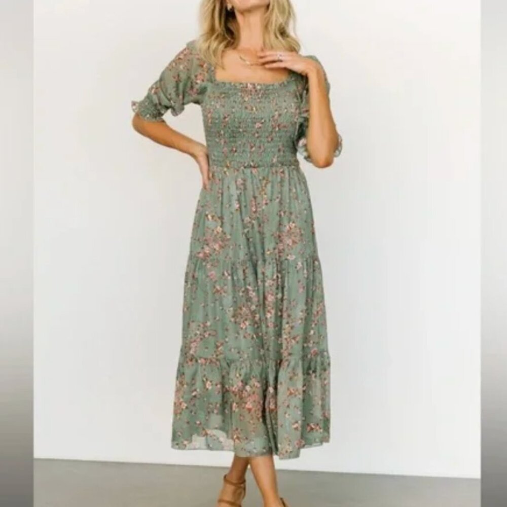Baltic Born, Fabian Jacquard Midi Dress in Eucalyptus + Pink Size M